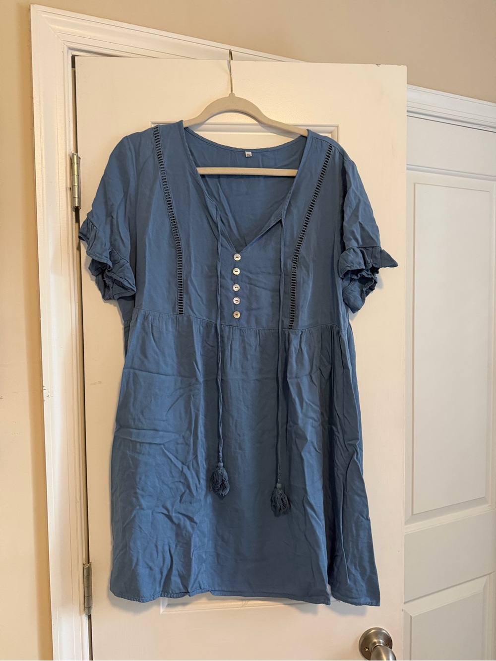 Blue Button-Front Tie Waist Tunic Dress
